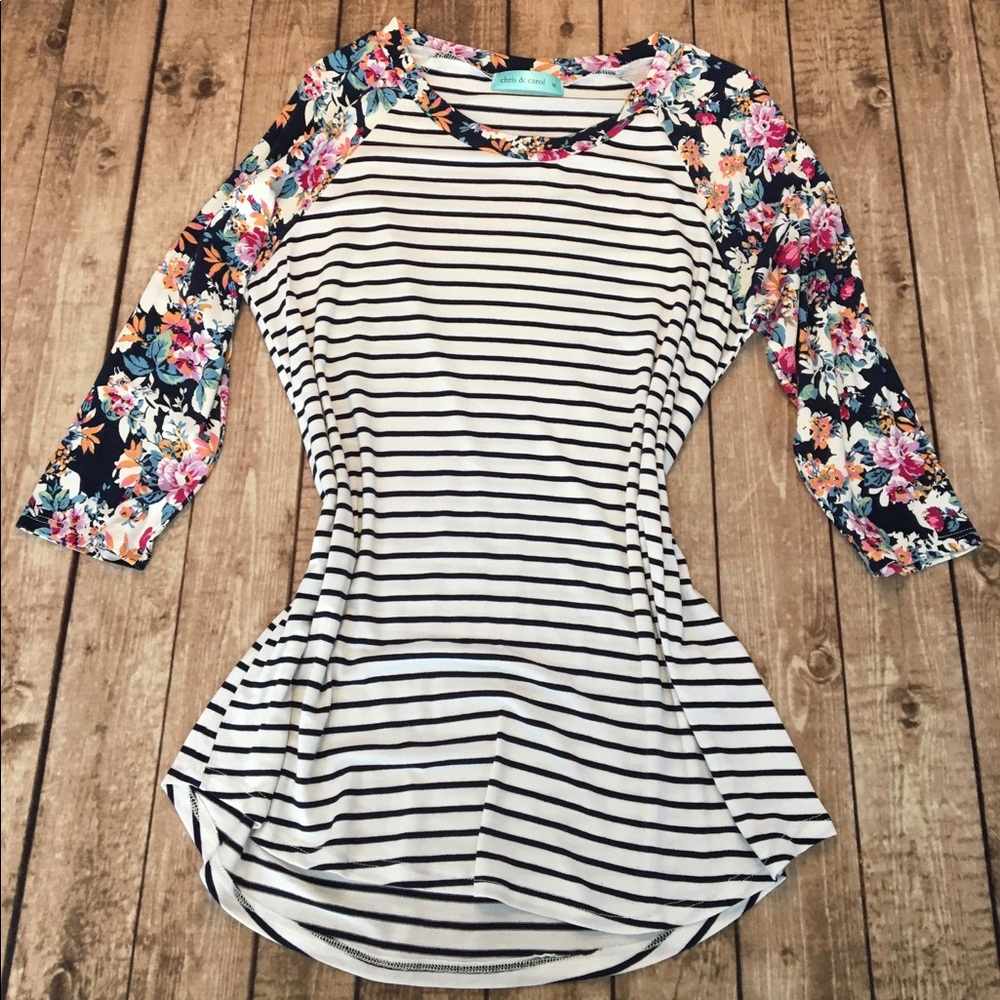 Black and white strip long shirt w/ floral sleeves